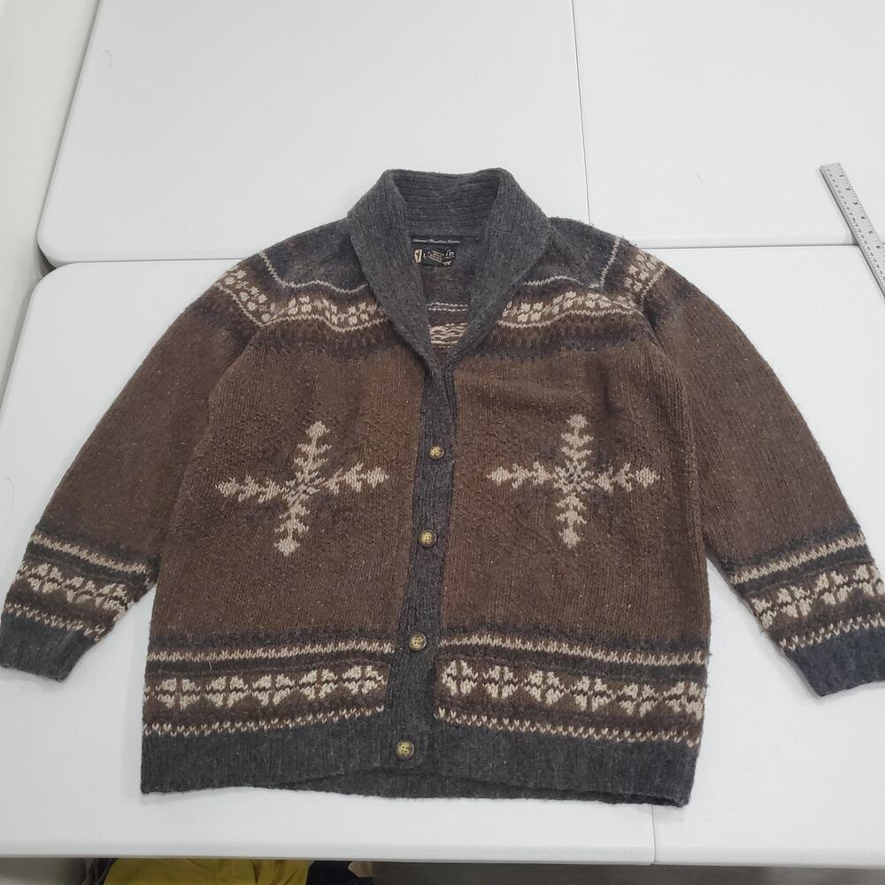 Eddie Bauer Legend Cardigan Sweater Womens Large Brown Wool Mohair Fair Isle